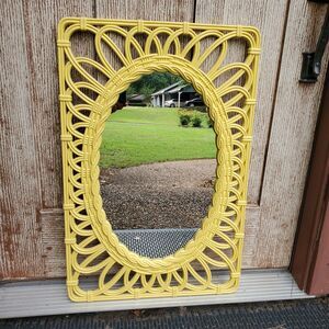 Vintage Yellow Plastic Faux Wicker Rattan Wall Mirror